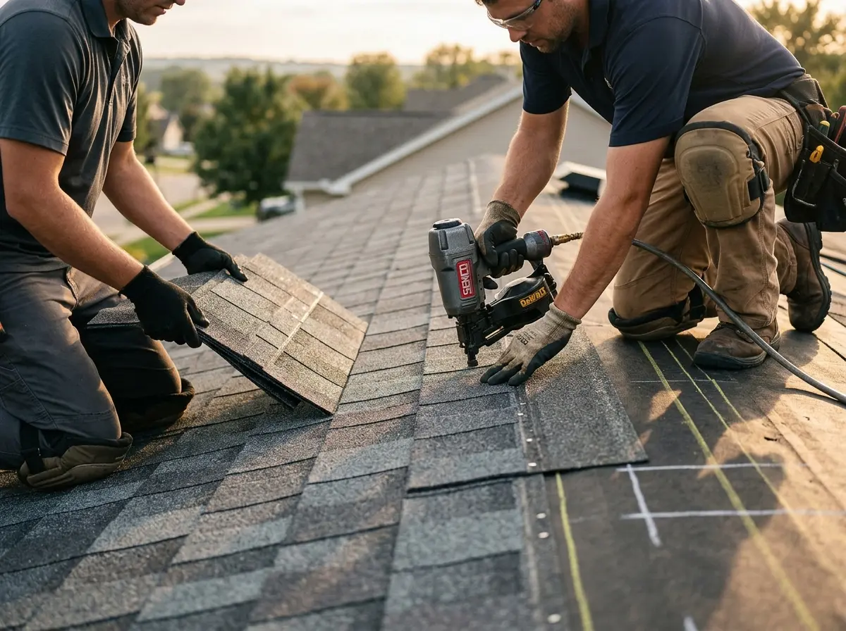 Professional roofer working on a residential roof in German Flatts